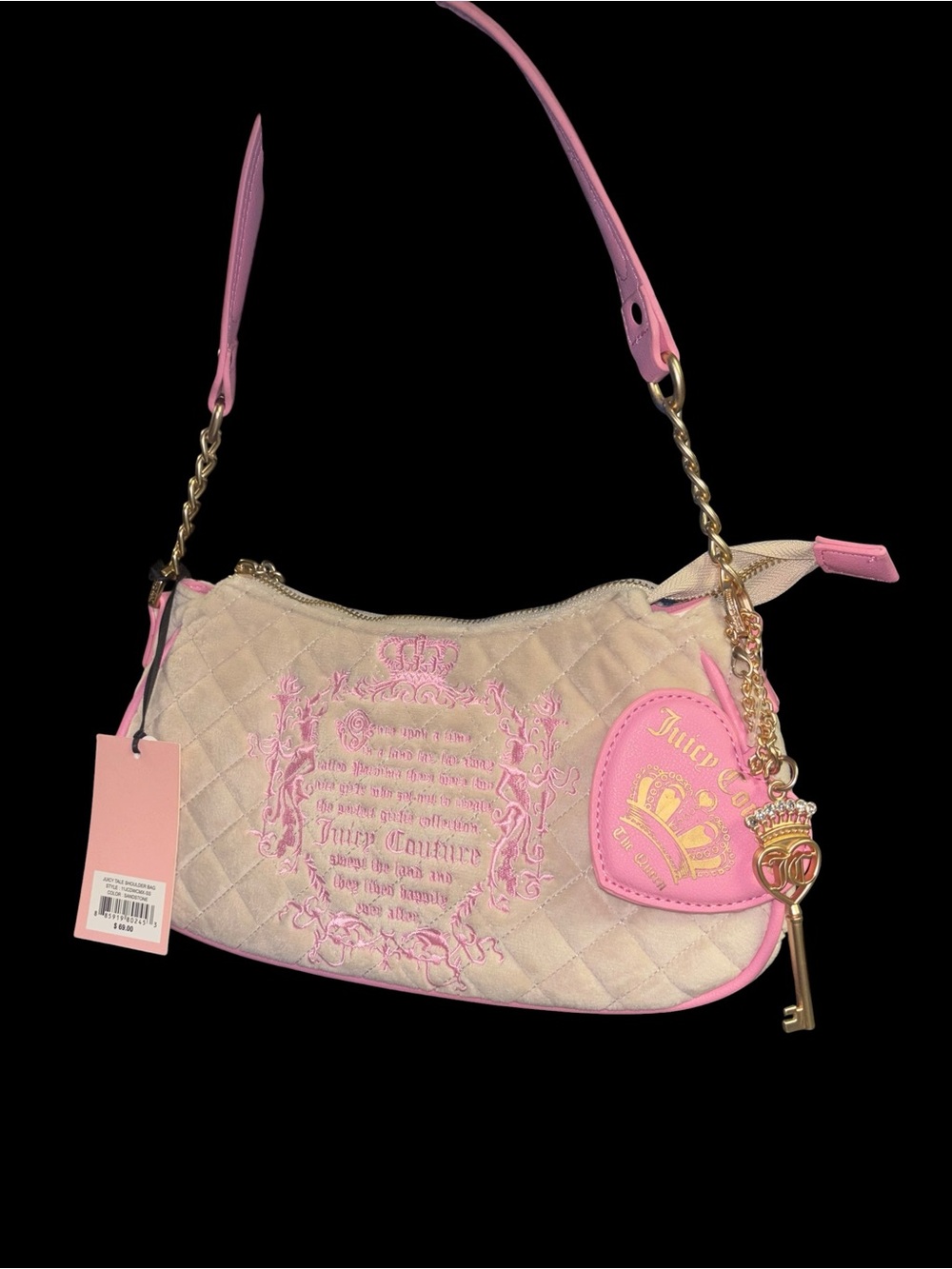 Juicy Couture Cream and Pink Quilted Shoulder Bag with Heart Key Charm